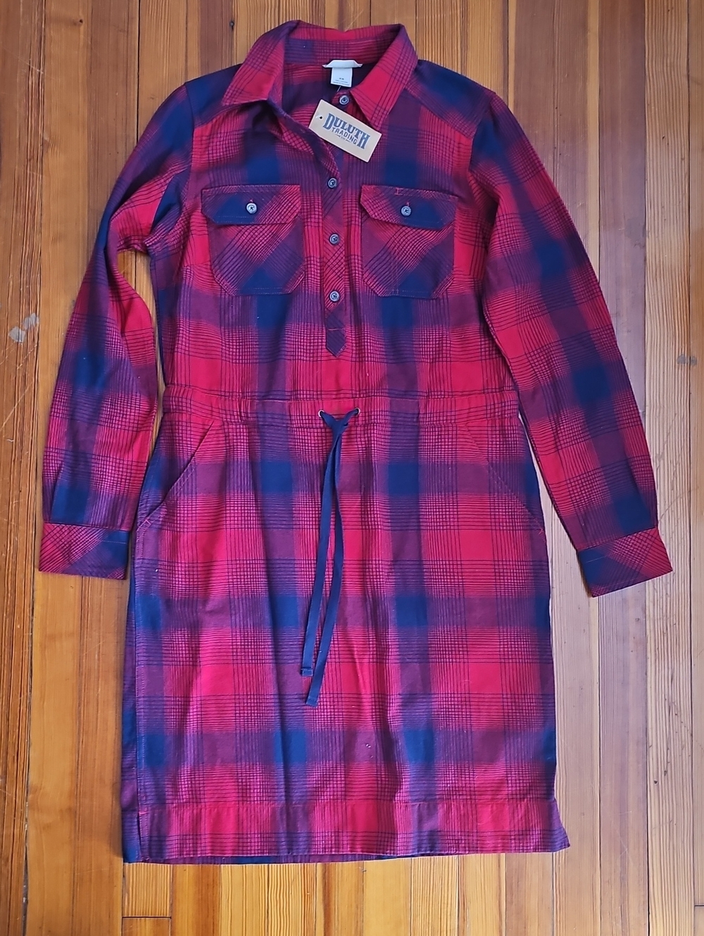 Duluth Trading Co Red and Navy Plaid Shirt Dress